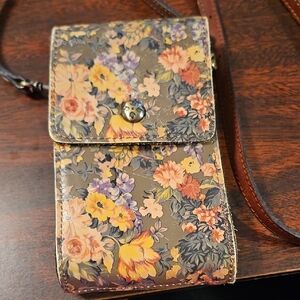 Patricia Nash Olive Floral Crossbody Pouch with Brown Strap